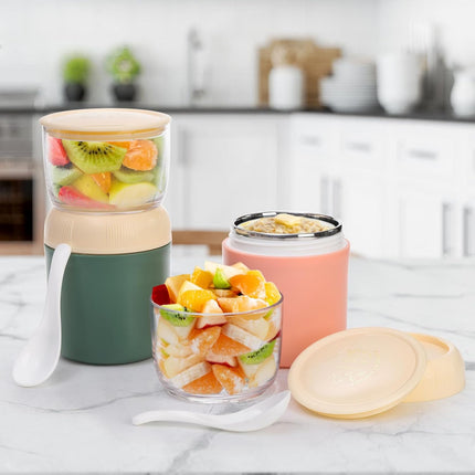 2 Pack Insulated Yogurt Container, 24oz Breakfast On the Go Cup with Plastic Topping Cereal Oatmeal Cup, 2-in-1 Food Storage Jar Lid and Spoon, Overnight Oats Container for Soup Lunch.