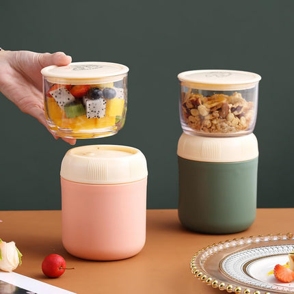 2 Pack Insulated Yogurt Container, 24oz Breakfast On the Go Cup with Plastic Topping Cereal Oatmeal Cup, 2-in-1 Food Storage Jar Lid and Spoon, Overnight Oats Container for Soup Lunch.