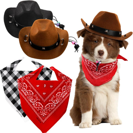 4 Pack Pet Cowboy Costume Accessories Set, 2 Pcs Hat and Bandana Scarf, Puppy Kitten Halloween Christmas Costume, West Party Cosplay Wearing for Cats Small Dogs.