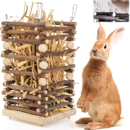 Wood Rabbit Hay Feeder, 7" Hanging Grass Holder with 2 Hooks, Small Animals Feeding Manager for Cage, Bunny Feeder Rack Chinchilla Guinea Pig Hamster Gerbil.