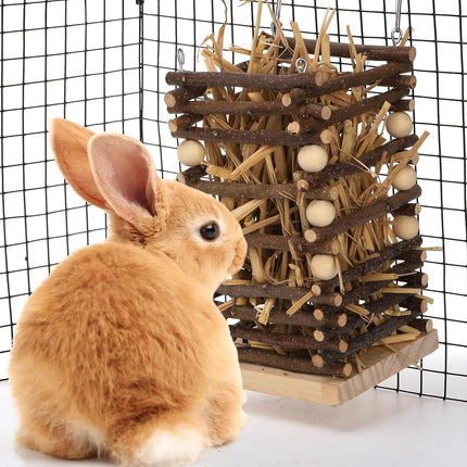 Wood Rabbit Hay Feeder, 7" Hanging Grass Holder with 2 Hooks, Small Animals Feeding Manager for Cage, Bunny Feeder Rack Chinchilla Guinea Pig Hamster Gerbil.