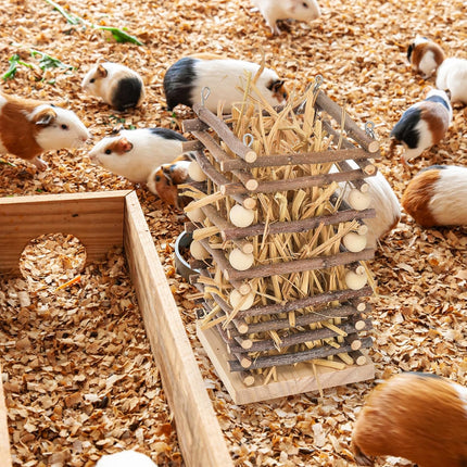 Wood Rabbit Hay Feeder, 7" Hanging Grass Holder with 2 Hooks, Small Animals Feeding Manager for Cage, Bunny Feeder Rack Chinchilla Guinea Pig Hamster Gerbil.