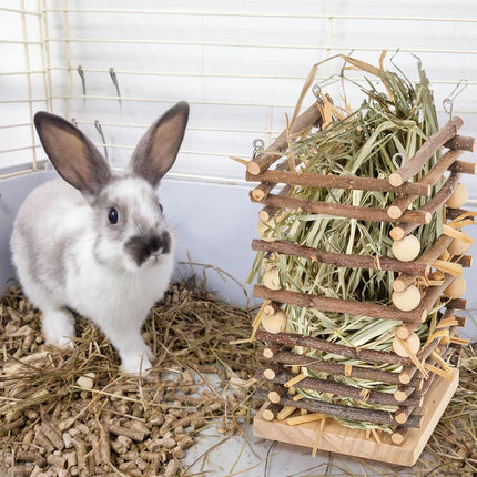 Wood Rabbit Hay Feeder, 7" Hanging Grass Holder with 2 Hooks, Small Animals Feeding Manager for Cage, Bunny Feeder Rack Chinchilla Guinea Pig Hamster Gerbil.