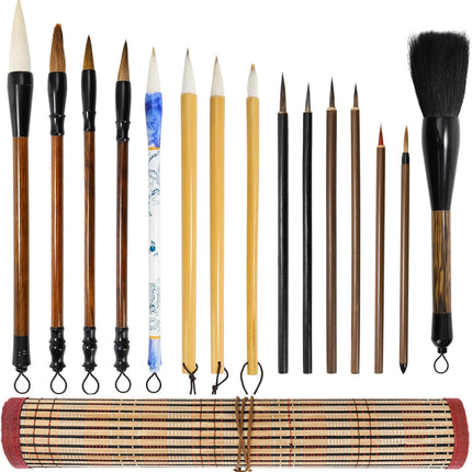 16 Pieces Chinese Calligraphy Brush Set, Sumi Brushes with Roll-up Bamboo Holder, Sturdy Japanese Watercolor Painting Writing Brushes, Kanji Art Drawing for Beginners.