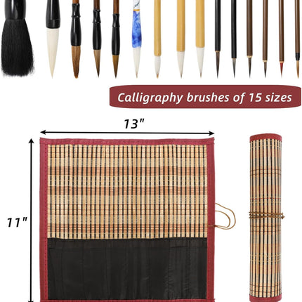 16 Pieces Chinese Calligraphy Brush Set, Sumi Brushes with Roll-up Bamboo Holder, Sturdy Japanese Watercolor Painting Writing Brushes, Kanji Art Drawing for Beginners.