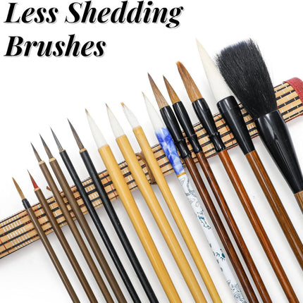 16 Pieces Chinese Calligraphy Brush Set, Sumi Brushes with Roll-up Bamboo Holder, Sturdy Japanese Watercolor Painting Writing Brushes, Kanji Art Drawing for Beginners.