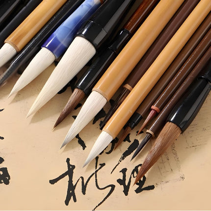 16 Pieces Chinese Calligraphy Brush Set, Sumi Brushes with Roll-up Bamboo Holder, Sturdy Japanese Watercolor Painting Writing Brushes, Kanji Art Drawing for Beginners.