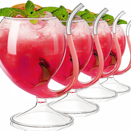 4 Pack Straw Wine Glass, 12 OZ Sipping Glasses with Built-in Straw, Creative Tube Cocktail Goblets, Clear Funny Decanter Cups for Juice Ice Cream Champagne Party Glassware Barware.
