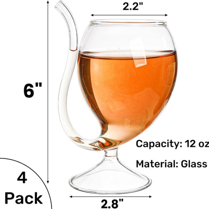 4 Pack Straw Wine Glass, 12 OZ Sipping Glasses with Built-in Straw, Creative Tube Cocktail Goblets, Clear Funny Decanter Cups for Juice Ice Cream Champagne Party Glassware Barware.
