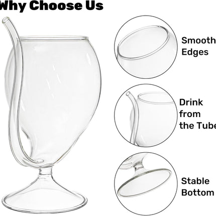 4 Pack Straw Wine Glass, 12 OZ Sipping Glasses with Built-in Straw, Creative Tube Cocktail Goblets, Clear Funny Decanter Cups for Juice Ice Cream Champagne Party Glassware Barware.