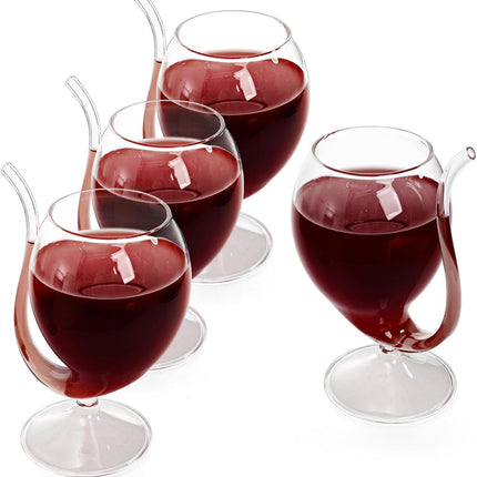 4 Pack Straw Wine Glass, 12 OZ Sipping Glasses with Built-in Straw, Creative Tube Cocktail Goblets, Clear Funny Decanter Cups for Juice Ice Cream Champagne Party Glassware Barware.
