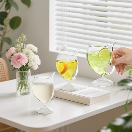 4 Pack Straw Wine Glass, 12 OZ Sipping Glasses with Built-in Straw, Creative Tube Cocktail Goblets, Clear Funny Decanter Cups for Juice Ice Cream Champagne Party Glassware Barware.