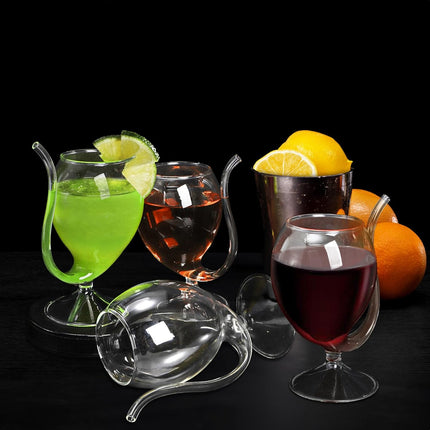 4 Pack Straw Wine Glass, 12 OZ Sipping Glasses with Built-in Straw, Creative Tube Cocktail Goblets, Clear Funny Decanter Cups for Juice Ice Cream Champagne Party Glassware Barware.