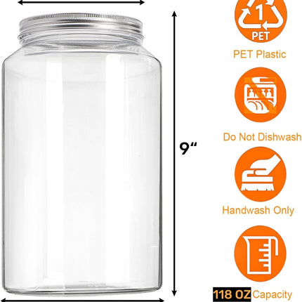 2 Pack 1 Gallon Extra Large Clear Plastic Jars, 118 OZ Food Storage Container with Lid, BPA Free Wide Mouth Jar, Reusable Airtight Mason Jug for Dry Goods, Candy, Fermenting, Pickling.