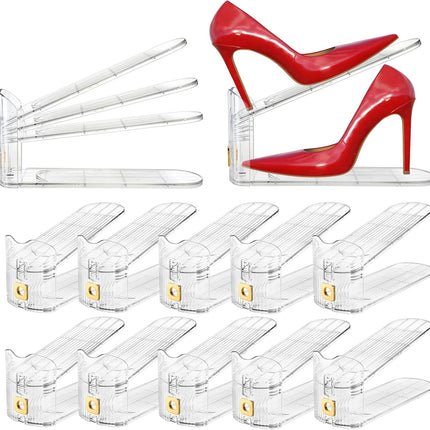 10 Pack Clear Shoe Slot Organizer, 11" Adjustable Shoes Stacker for Closet, Double Deck Display Shelf a Pair of Shoes, Anti-slip Rack Holder Storage Space Saver.