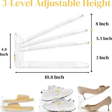 10 Pack Clear Shoe Slot Organizer, 11" Adjustable Shoes Stacker for Closet, Double Deck Display Shelf a Pair of Shoes, Anti-slip Rack Holder Storage Space Saver.