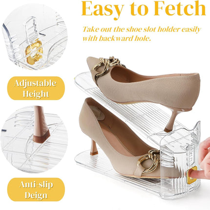 10 Pack Clear Shoe Slot Organizer, 11" Adjustable Shoes Stacker for Closet, Double Deck Display Shelf a Pair of Shoes, Anti-slip Rack Holder Storage Space Saver.