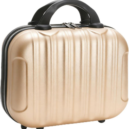 13" Hard Shell Makeup Travel Case, Portable Hand Luggage with Elastic Band, ABS Carrying Cosmetic Suitcase, Small Train Storage Organizer Box for Toiletry, Gifts Women, Champagne.