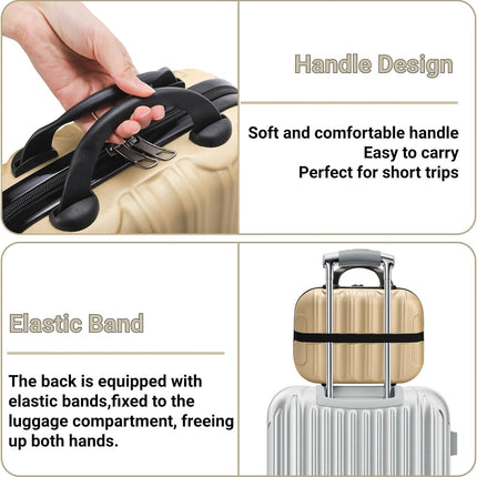 13" Hard Shell Makeup Travel Case, Portable Hand Luggage with Elastic Band, ABS Carrying Cosmetic Suitcase, Small Train Storage Organizer Box for Toiletry, Gifts Women, Champagne.