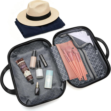 13" Hard Shell Makeup Travel Case, Portable Hand Luggage with Elastic Band, ABS Carrying Cosmetic Suitcase, Small Train Storage Organizer Box for Toiletry, Gifts Women, Champagne.