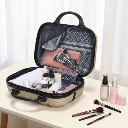 13" Hard Shell Makeup Travel Case, Portable Hand Luggage with Elastic Band, ABS Carrying Cosmetic Suitcase, Small Train Storage Organizer Box for Toiletry, Gifts Women, Champagne.