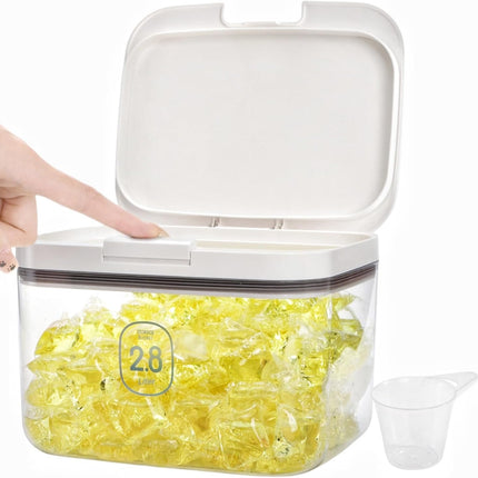 94 OZ/2.8L Laundry Pods Container, One-Press Lid Powder Holder Dispenser, Clear PET Detergent Sheet Organizer with Measuring Cup for Booster Beads, Dryer Balls, Flour, Pet Food.