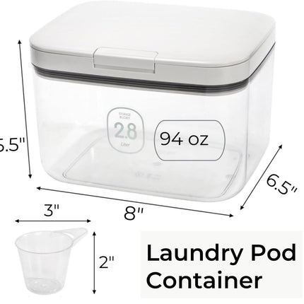 94 OZ/2.8L Laundry Pods Container, One-Press Lid Powder Holder Dispenser, Clear PET Detergent Sheet Organizer with Measuring Cup for Booster Beads, Dryer Balls, Flour, Pet Food.