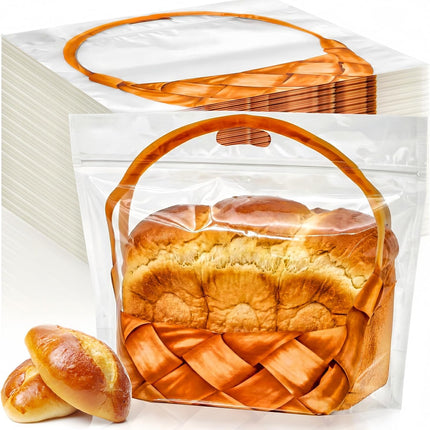 100 Pack Clear Plastic Bread Bags with Handle, 12.5 x 10.4 Inch Large Zipper Toast Bag, Portable Loaf Sealing Basket Pattern, Sourdough Packaging Organizer for Cookie Bakery.