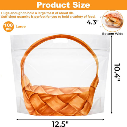 100 Pack Clear Plastic Bread Bags with Handle, 12.5 x 10.4 Inch Large Zipper Toast Bag, Portable Loaf Sealing Basket Pattern, Sourdough Packaging Organizer for Cookie Bakery.