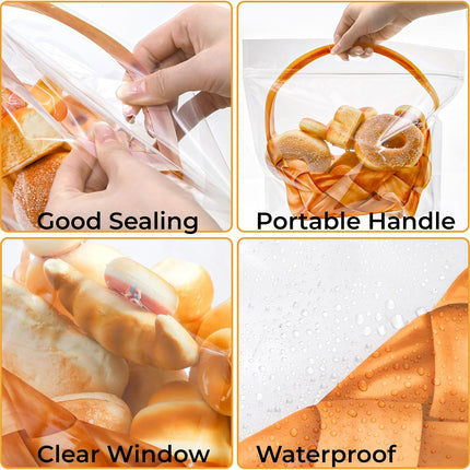 100 Pack Clear Plastic Bread Bags with Handle, 12.5 x 10.4 Inch Large Zipper Toast Bag, Portable Loaf Sealing Basket Pattern, Sourdough Packaging Organizer for Cookie Bakery.