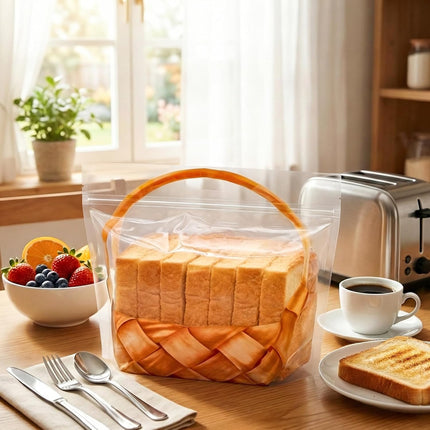 100 Pack Clear Plastic Bread Bags with Handle, 12.5 x 10.4 Inch Large Zipper Toast Bag, Portable Loaf Sealing Basket Pattern, Sourdough Packaging Organizer for Cookie Bakery.