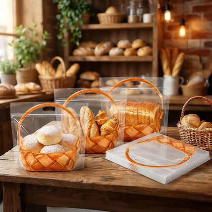 100 Pack Clear Plastic Bread Bags with Handle, 12.5 x 10.4 Inch Large Zipper Toast Bag, Portable Loaf Sealing Basket Pattern, Sourdough Packaging Organizer for Cookie Bakery.