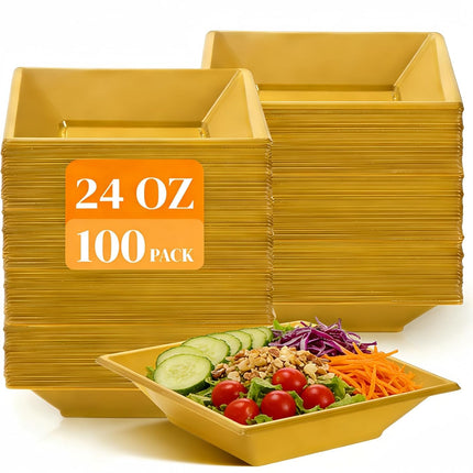 100 Pack Disposable Plastic Serving Bowls Set, 24 OZ Square Outdoor Dishes, Gold Party Catering Bowl Containers for Snack Salad, Perfect Wedding Birthday Home Gathering.