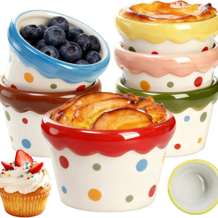 6 Pack Ramekins Set, 9 OZ Pudding Custard Cups, Small Ceramic Brulee Souffle Dishes, Colorful Christmas Dipping Sauce Bowls for Ice Cream Fruits Baking, Oven Microwave Dishwasher Safe.