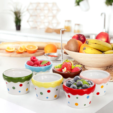 6 Pack Ramekins Set, 9 OZ Pudding Custard Cups, Small Ceramic Brulee Souffle Dishes, Colorful Christmas Dipping Sauce Bowls for Ice Cream Fruits Baking, Oven Microwave Dishwasher Safe.