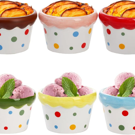 6 Pack Ramekins Set, 9 OZ Pudding Custard Cups, Small Ceramic Brulee Souffle Dishes, Colorful Christmas Dipping Sauce Bowls for Ice Cream Fruits Baking, Oven Microwave Dishwasher Safe.