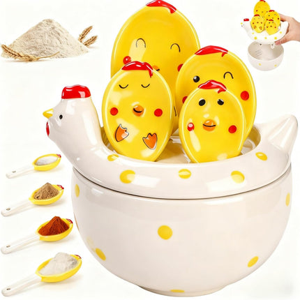 5 Pcs Ceramic Measuring Spoons with Holder, Chicken Teaspoon Set in Pot, Cute Hen Cups and Tablespoons for Salt Sugar Powder Liquid Dry Ingredients, Kitchen Decor.