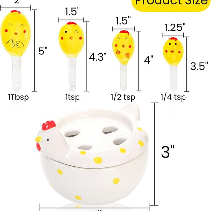 5 Pcs Ceramic Measuring Spoons with Holder, Chicken Teaspoon Set in Pot, Cute Hen Cups and Tablespoons for Salt Sugar Powder Liquid Dry Ingredients, Kitchen Decor.