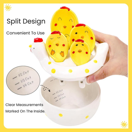5 Pcs Ceramic Measuring Spoons with Holder, Chicken Teaspoon Set in Pot, Cute Hen Cups and Tablespoons for Salt Sugar Powder Liquid Dry Ingredients, Kitchen Decor.