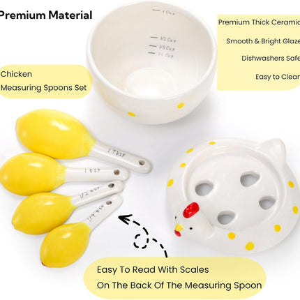 5 Pcs Ceramic Measuring Spoons with Holder, Chicken Teaspoon Set in Pot, Cute Hen Cups and Tablespoons for Salt Sugar Powder Liquid Dry Ingredients, Kitchen Decor.