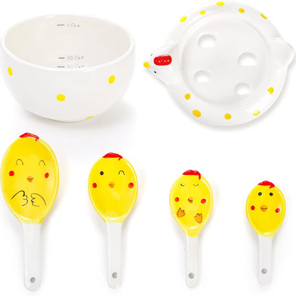 5 Pcs Ceramic Measuring Spoons with Holder, Chicken Teaspoon Set in Pot, Cute Hen Cups and Tablespoons for Salt Sugar Powder Liquid Dry Ingredients, Kitchen Decor.