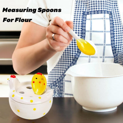 5 Pcs Ceramic Measuring Spoons with Holder, Chicken Teaspoon Set in Pot, Cute Hen Cups and Tablespoons for Salt Sugar Powder Liquid Dry Ingredients, Kitchen Decor.