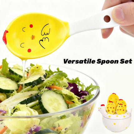 5 Pcs Ceramic Measuring Spoons with Holder, Chicken Teaspoon Set in Pot, Cute Hen Cups and Tablespoons for Salt Sugar Powder Liquid Dry Ingredients, Kitchen Decor.
