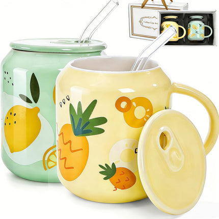 2 Pack Cute Ceramic Mugs with Lid and Straw, 13 OZ Pineapple Lemon Pattern Coffee Cup, Fruits Tea Cups Handle, Kawaii Pottery Mug for Hot Chocolate Milk, Travel Christmas Gift.
