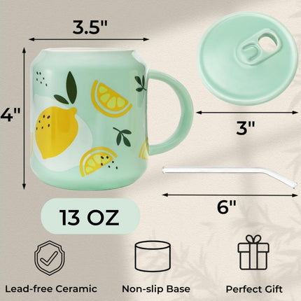 2 Pack Cute Ceramic Mugs with Lid and Straw, 13 OZ Pineapple Lemon Pattern Coffee Cup, Fruits Tea Cups Handle, Kawaii Pottery Mug for Hot Chocolate Milk, Travel Christmas Gift.