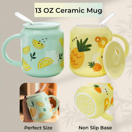 2 Pack Cute Ceramic Mugs with Lid and Straw, 13 OZ Pineapple Lemon Pattern Coffee Cup, Fruits Tea Cups Handle, Kawaii Pottery Mug for Hot Chocolate Milk, Travel Christmas Gift.