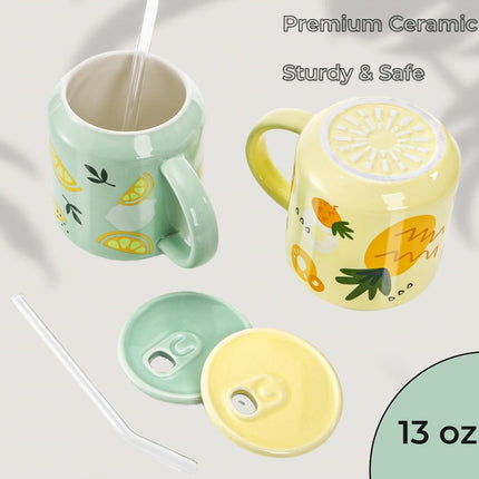 2 Pack Cute Ceramic Mugs with Lid and Straw, 13 OZ Pineapple Lemon Pattern Coffee Cup, Fruits Tea Cups Handle, Kawaii Pottery Mug for Hot Chocolate Milk, Travel Christmas Gift.