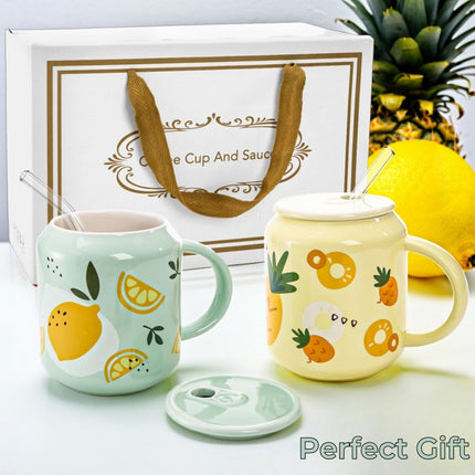 2 Pack Cute Ceramic Mugs with Lid and Straw, 13 OZ Pineapple Lemon Pattern Coffee Cup, Fruits Tea Cups Handle, Kawaii Pottery Mug for Hot Chocolate Milk, Travel Christmas Gift.