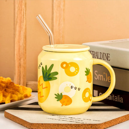 2 Pack Cute Ceramic Mugs with Lid and Straw, 13 OZ Pineapple Lemon Pattern Coffee Cup, Fruits Tea Cups Handle, Kawaii Pottery Mug for Hot Chocolate Milk, Travel Christmas Gift.