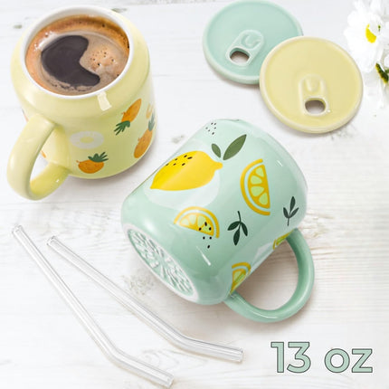2 Pack Cute Ceramic Mugs with Lid and Straw, 13 OZ Pineapple Lemon Pattern Coffee Cup, Fruits Tea Cups Handle, Kawaii Pottery Mug for Hot Chocolate Milk, Travel Christmas Gift.